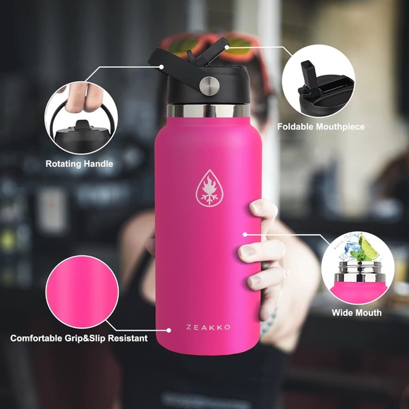 NEW Zeakko Wide Mouth Water Bottle - 32oz Vacuum Insulated Stainless Steel - Picture 4 of 7